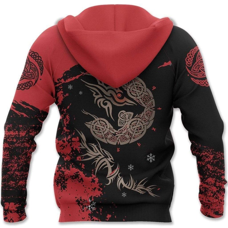 Viking Clothing Red and Black Fenrir Tattoo Hoodie RLT12