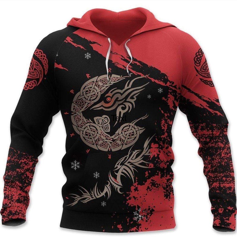 Viking Clothing Red and Black Fenrir Tattoo Hoodie RLT12