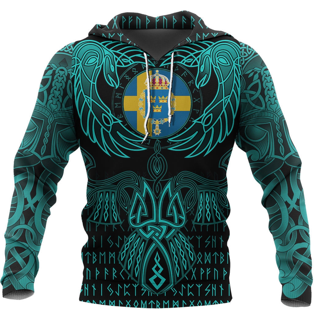 Viking Sweden Hoodie Valknut of Odin Cyan RLT12