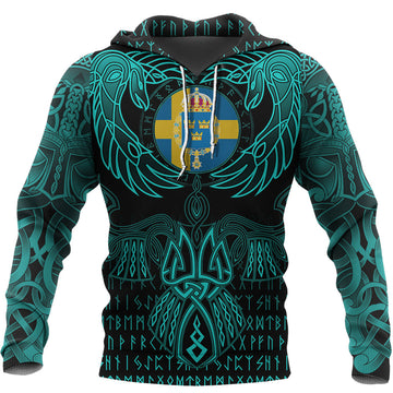 Viking Sweden Hoodie Valknut of Odin Cyan RLT12