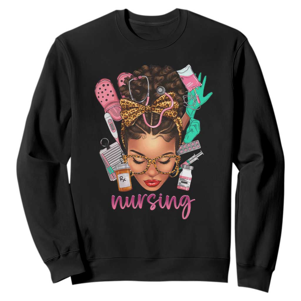 African American Nurse Sweatshirt Nursing Black Messy Bun TS01