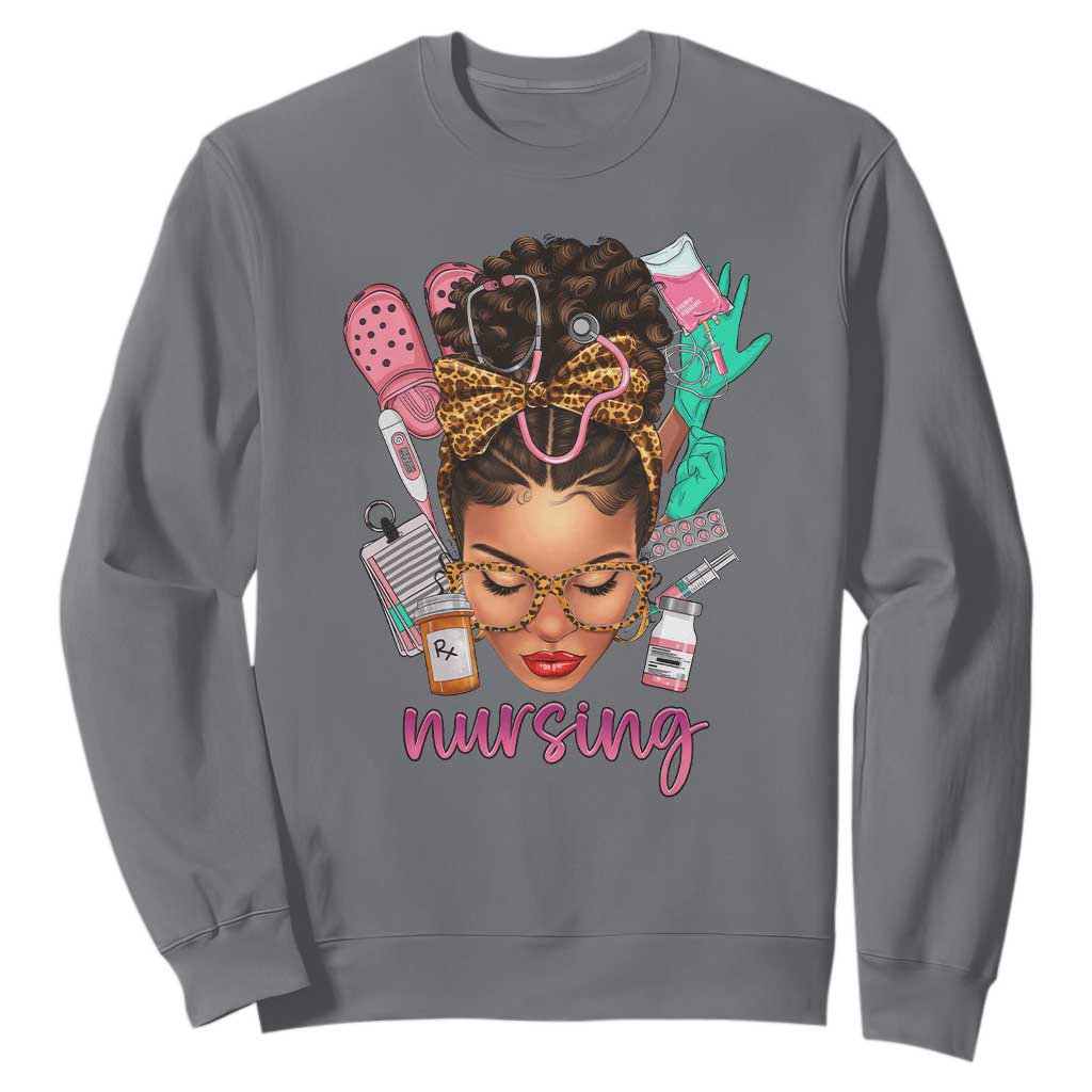 African American Nurse Sweatshirt Nursing Black Messy Bun TS01