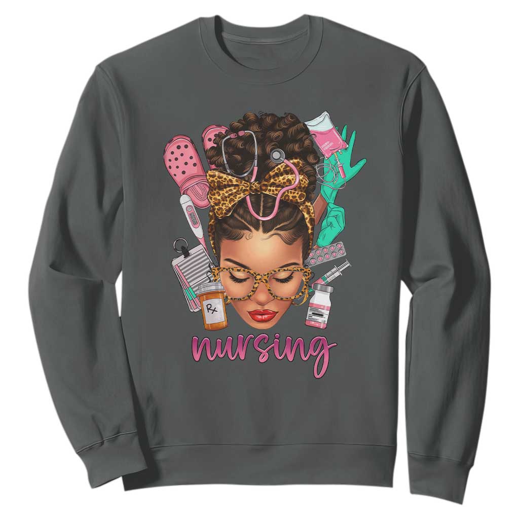 African American Nurse Sweatshirt Nursing Black Messy Bun TS01