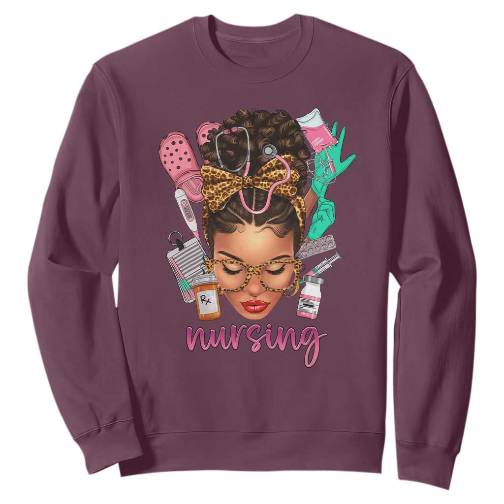 African American Nurse Sweatshirt Nursing Black Messy Bun TS01