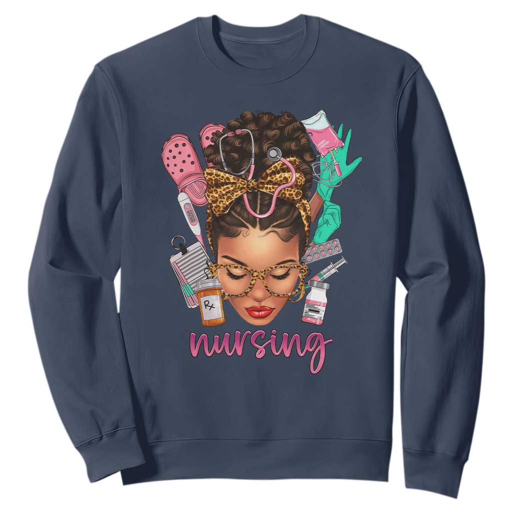 African American Nurse Sweatshirt Nursing Black Messy Bun TS01