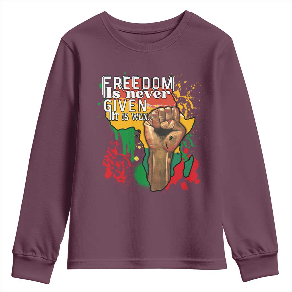 Black History Month Youth Sweatshirt Freedom Is Never Given It Is Won Equal Rights Raised Fist TS02