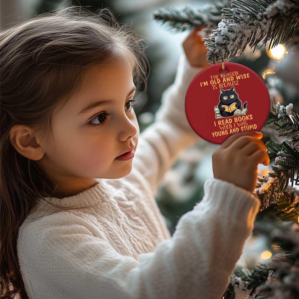Black Cat Reading Christmas Ornament I'm Old And Wise Because I Read Books When I Was Young And Stupid Funny Reading Lover TS02