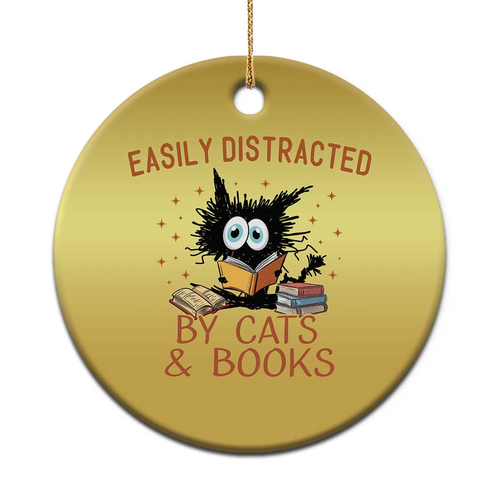 Cat and Book Lover Christmas Ornament Easily Distracted By Cats And Books Funny Black Cat Meme TS02