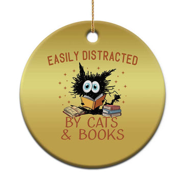 Cat and Book Lover Christmas Ornament Easily Distracted By Cats And Books Funny Black Cat Meme TS02