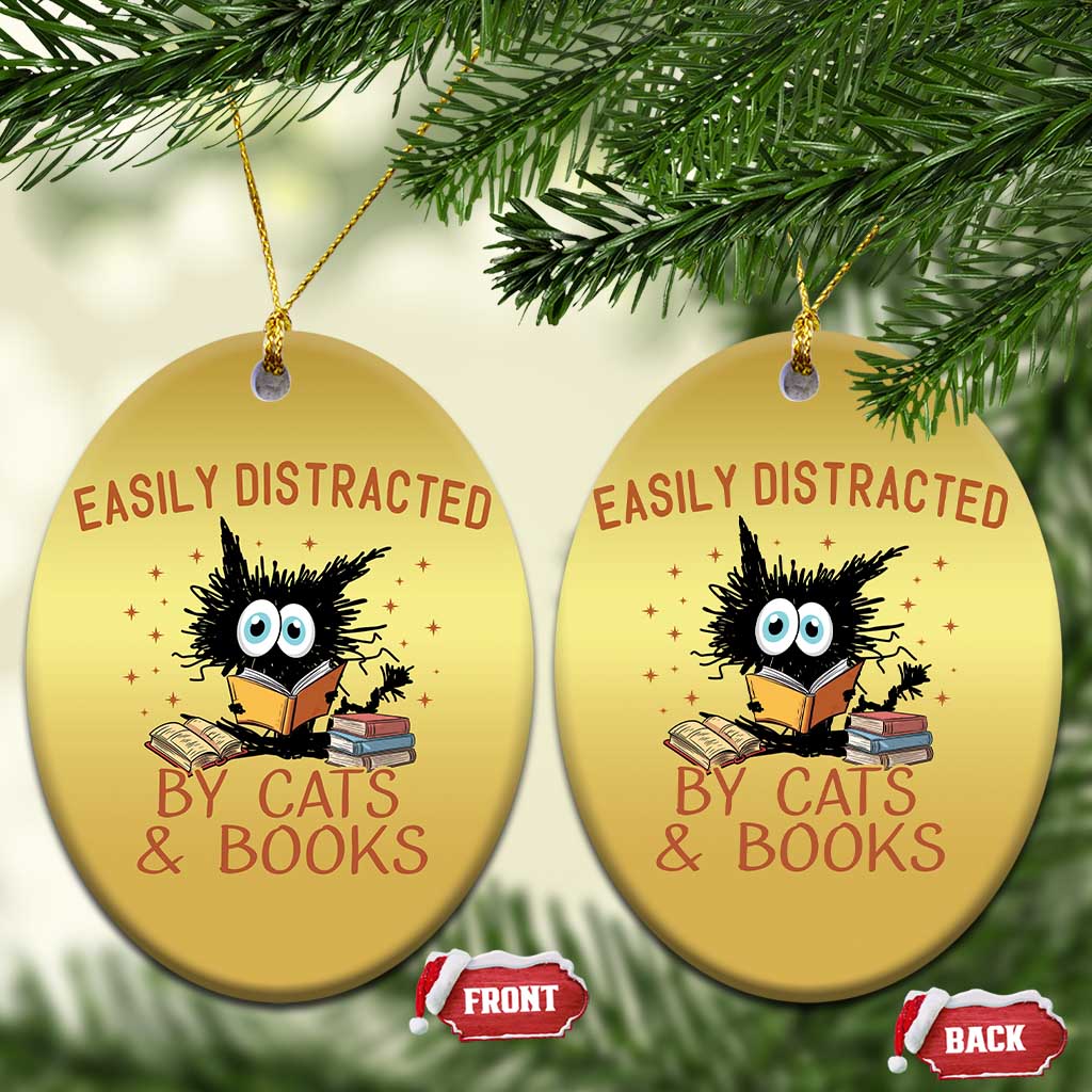 Cat and Book Lover Christmas Ornament Easily Distracted By Cats And Books Funny Black Cat Meme TS02