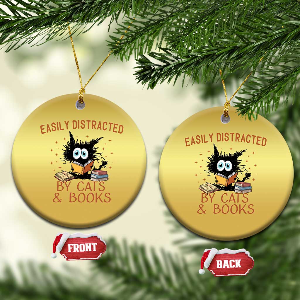 Cat and Book Lover Christmas Ornament Easily Distracted By Cats And Books Funny Black Cat Meme TS02