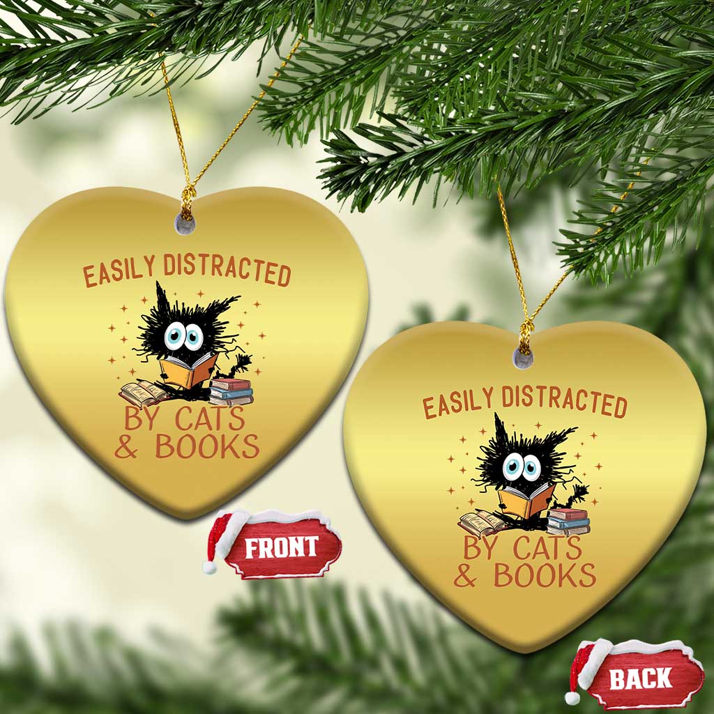 Cat and Book Lover Christmas Ornament Easily Distracted By Cats And Books Funny Black Cat Meme TS02
