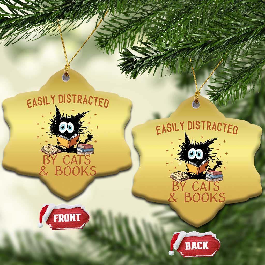 Cat and Book Lover Christmas Ornament Easily Distracted By Cats And Books Funny Black Cat Meme TS02