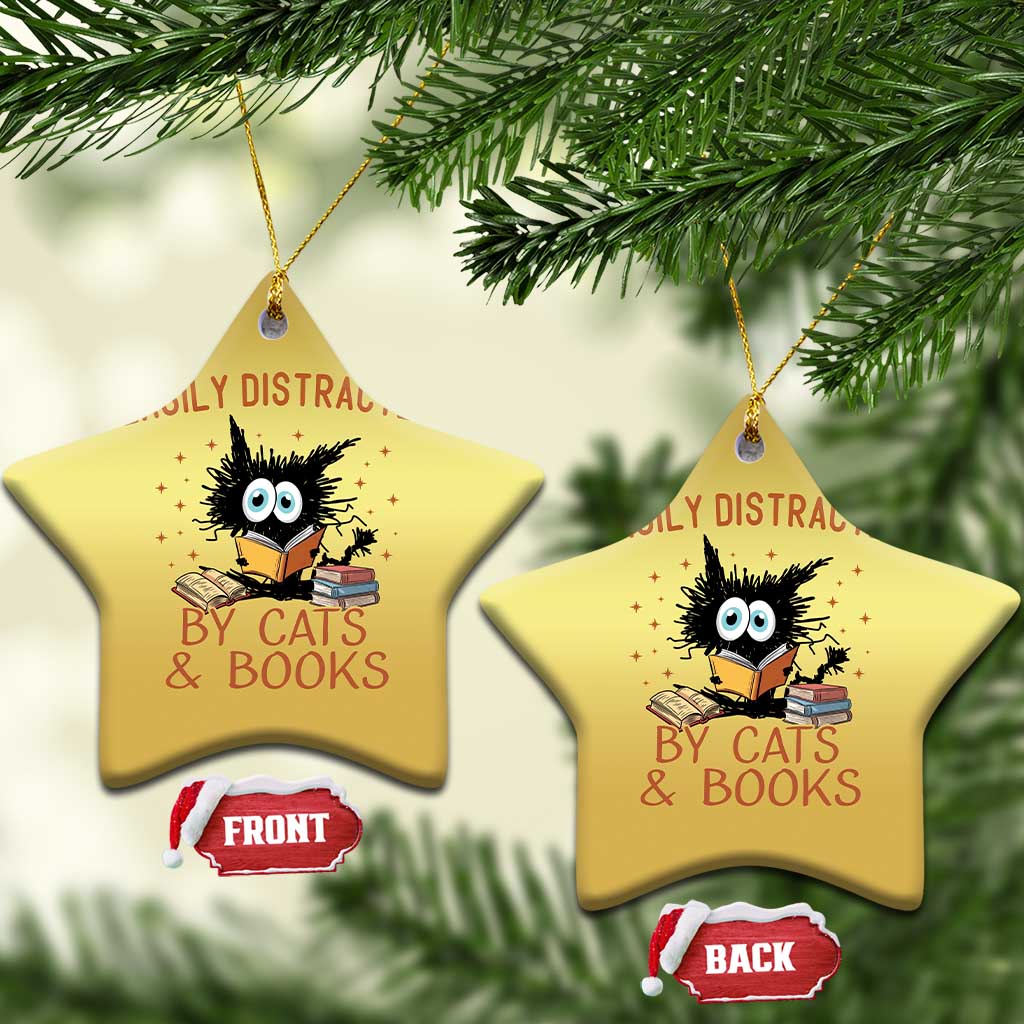 Cat and Book Lover Christmas Ornament Easily Distracted By Cats And Books Funny Black Cat Meme TS02