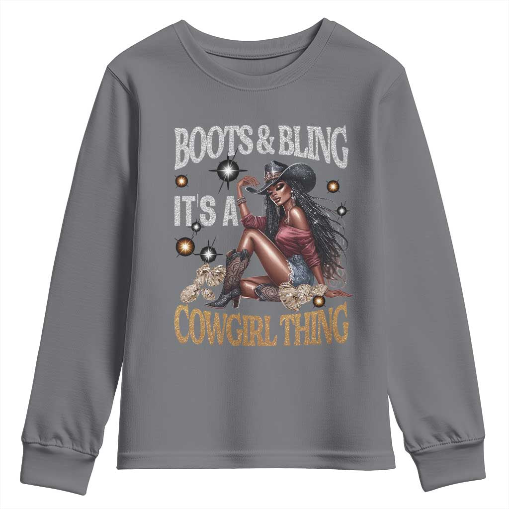 African Melanin Cowgirl Youth Sweatshirt Boots & Bling It's A Cowgirl Thing Black History TS02