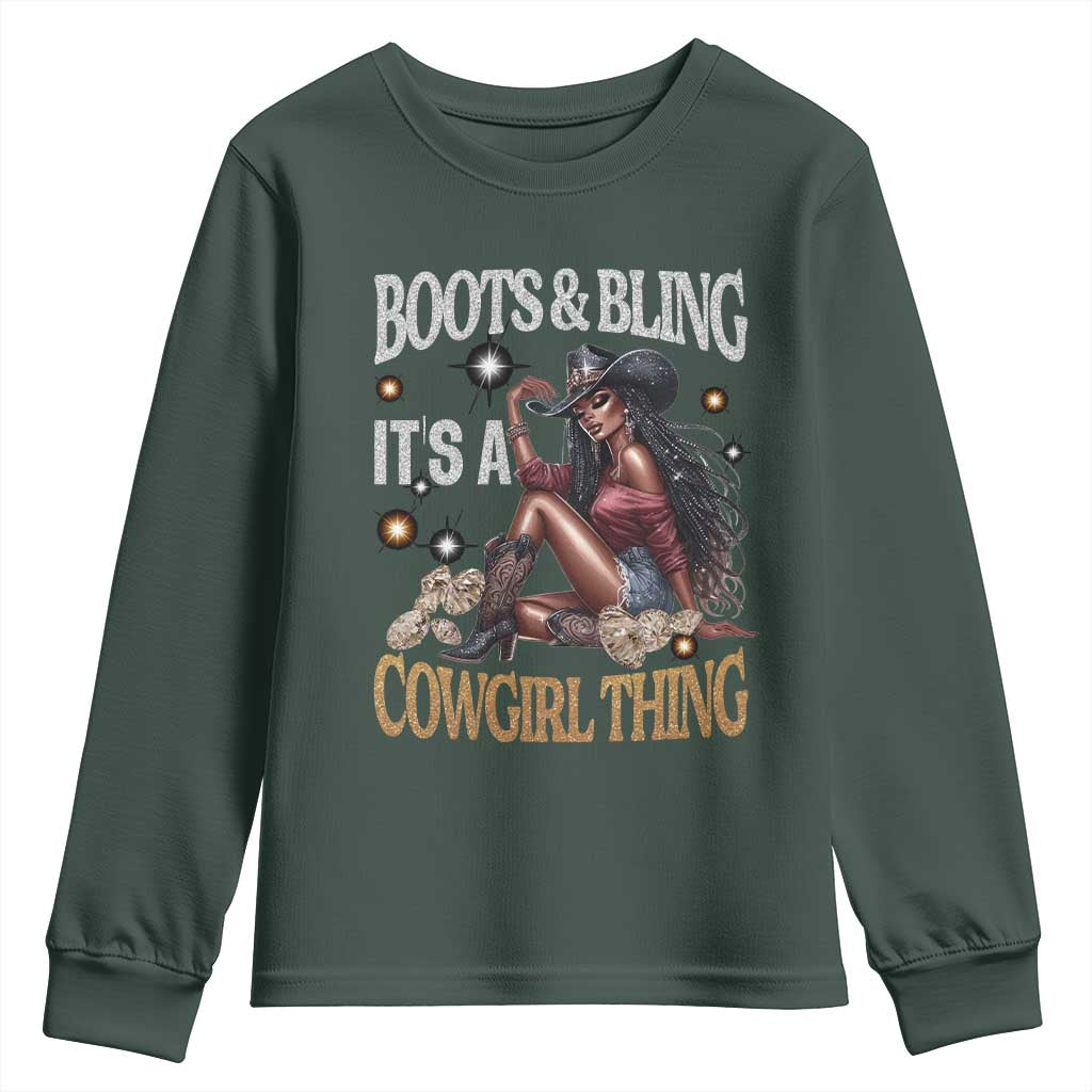 African Melanin Cowgirl Youth Sweatshirt Boots & Bling It's A Cowgirl Thing Black History TS02