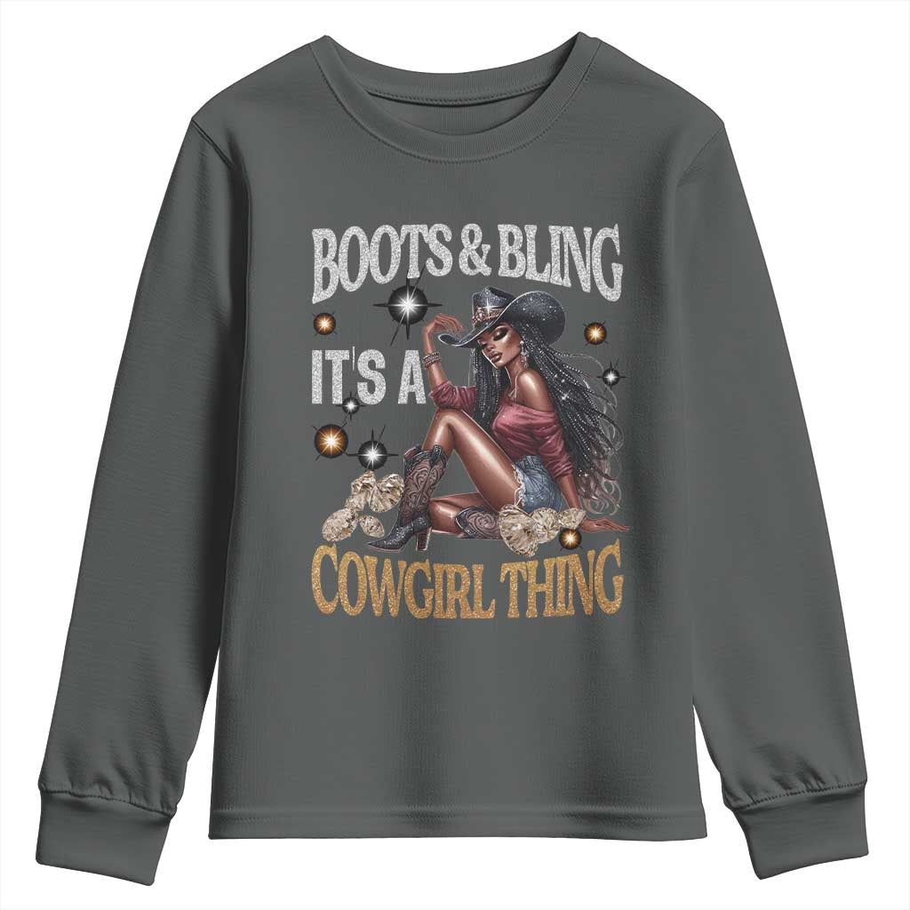 African Melanin Cowgirl Youth Sweatshirt Boots & Bling It's A Cowgirl Thing Black History TS02