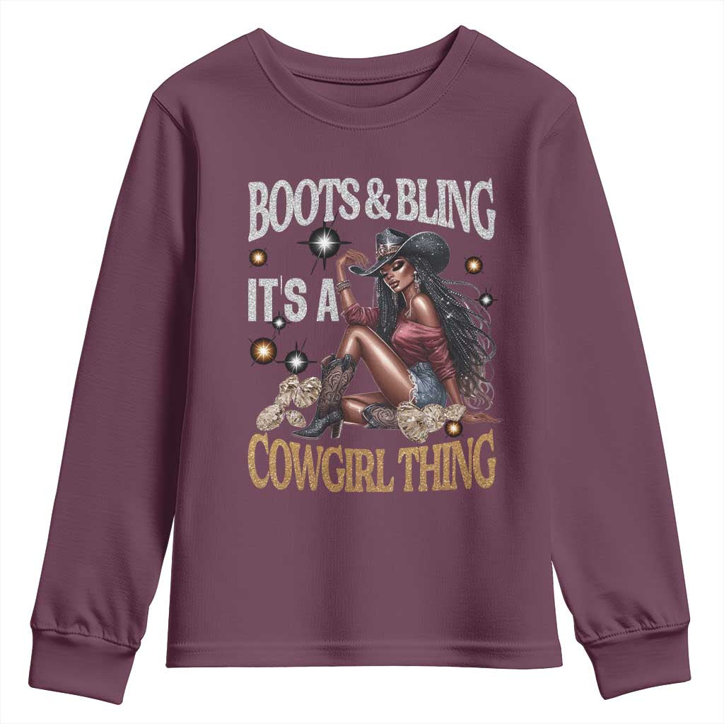 African Melanin Cowgirl Youth Sweatshirt Boots & Bling It's A Cowgirl Thing Black History TS02