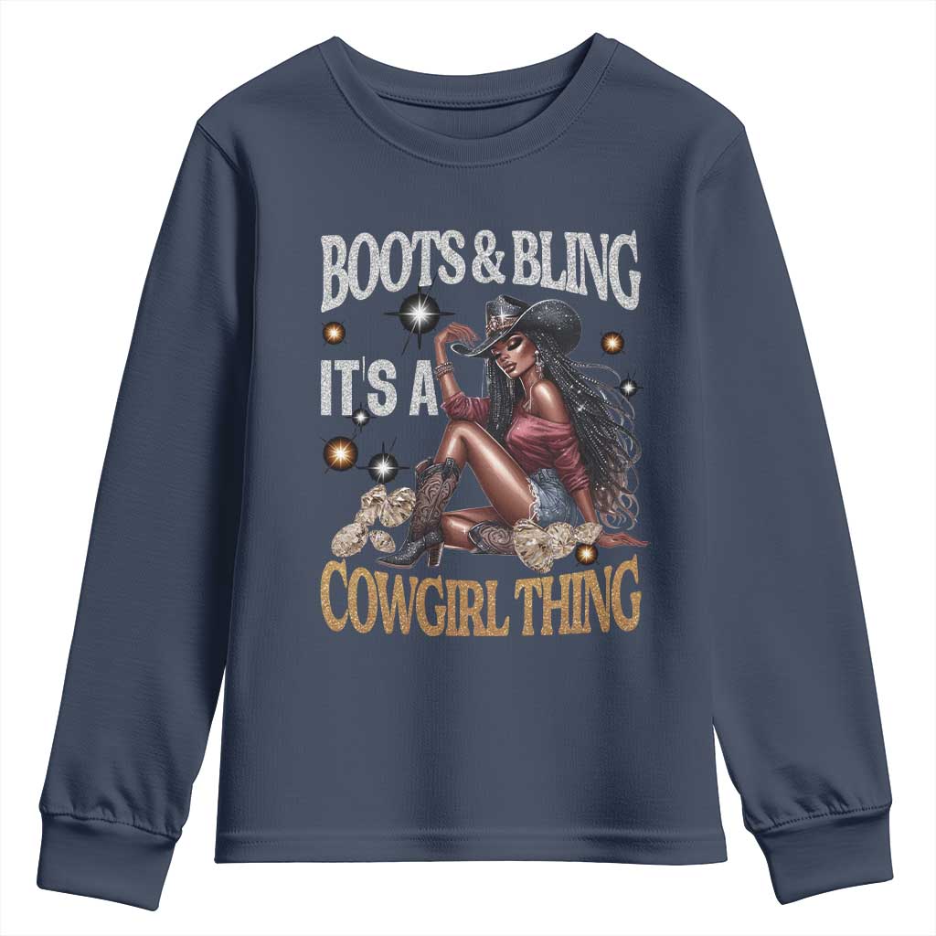 African Melanin Cowgirl Youth Sweatshirt Boots & Bling It's A Cowgirl Thing Black History TS02