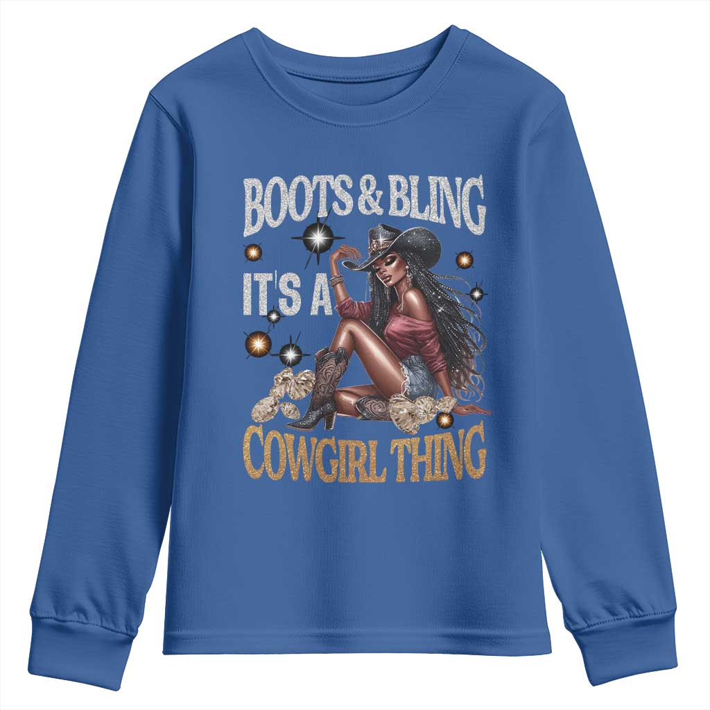 African Melanin Cowgirl Youth Sweatshirt Boots & Bling It's A Cowgirl Thing Black History TS02