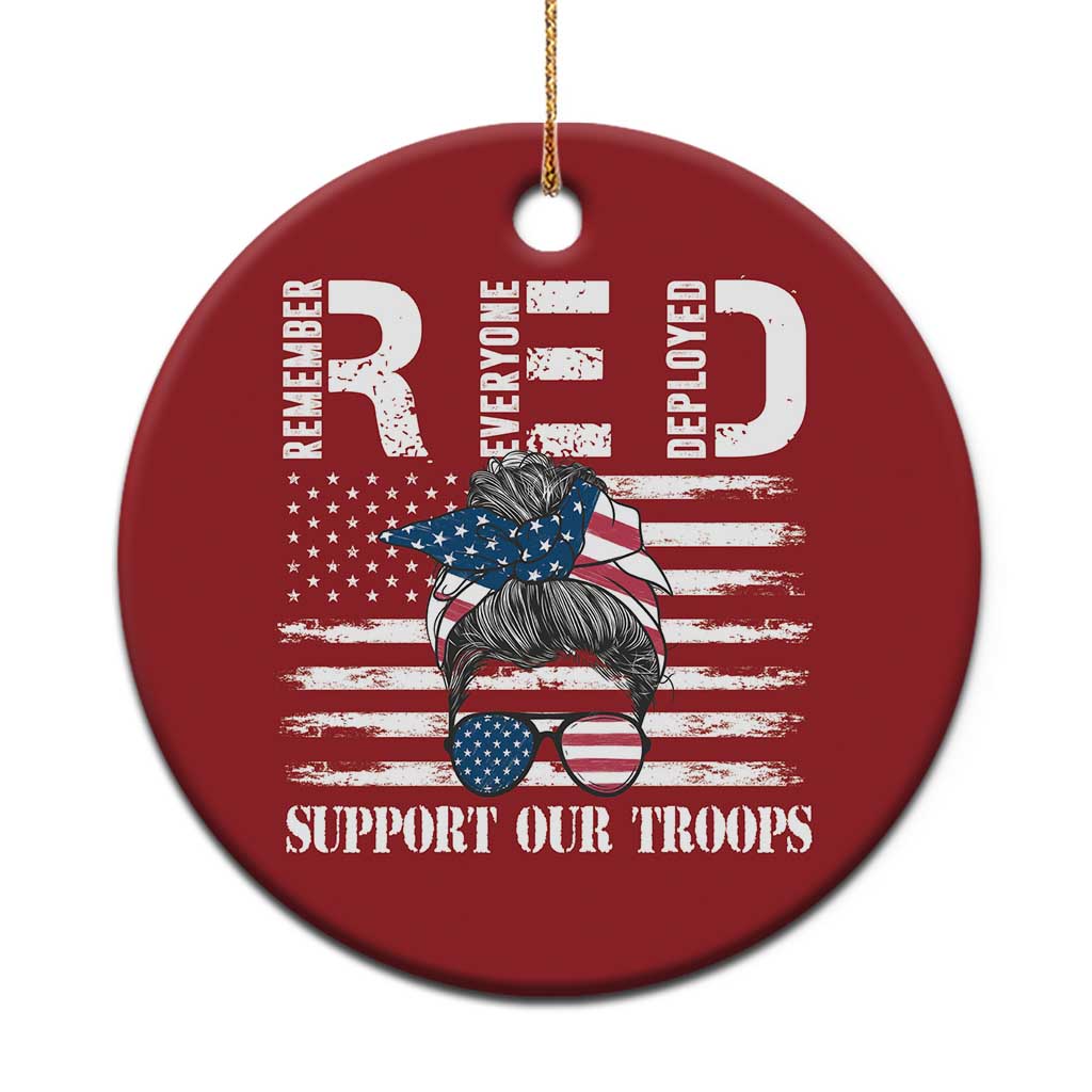 Red Friday Christmas Ornament R.E.D Remember Everyone Deployed American Flag Messy Bun TS02