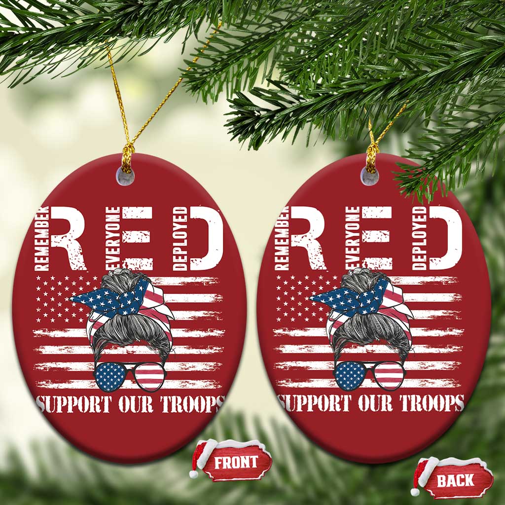 Red Friday Christmas Ornament R.E.D Remember Everyone Deployed American Flag Messy Bun TS02