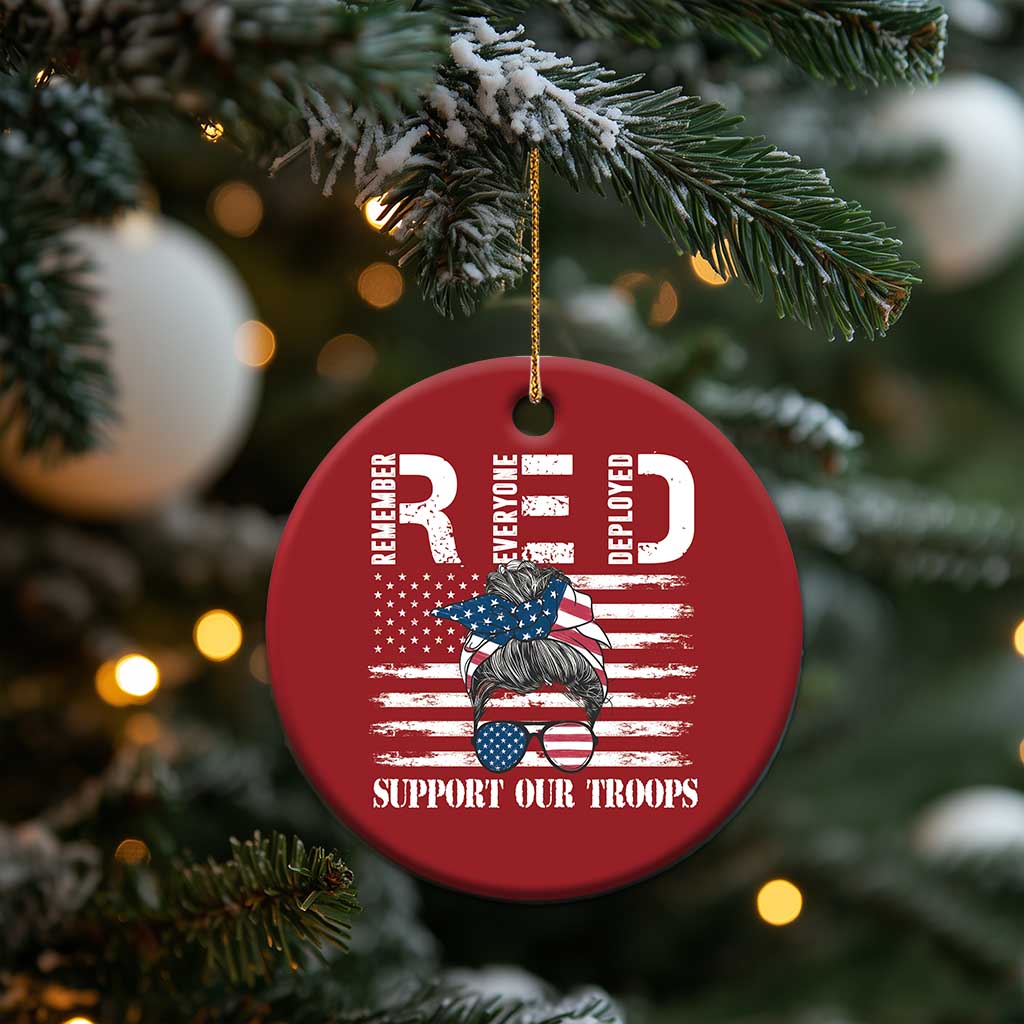 Red Friday Christmas Ornament R.E.D Remember Everyone Deployed American Flag Messy Bun TS02