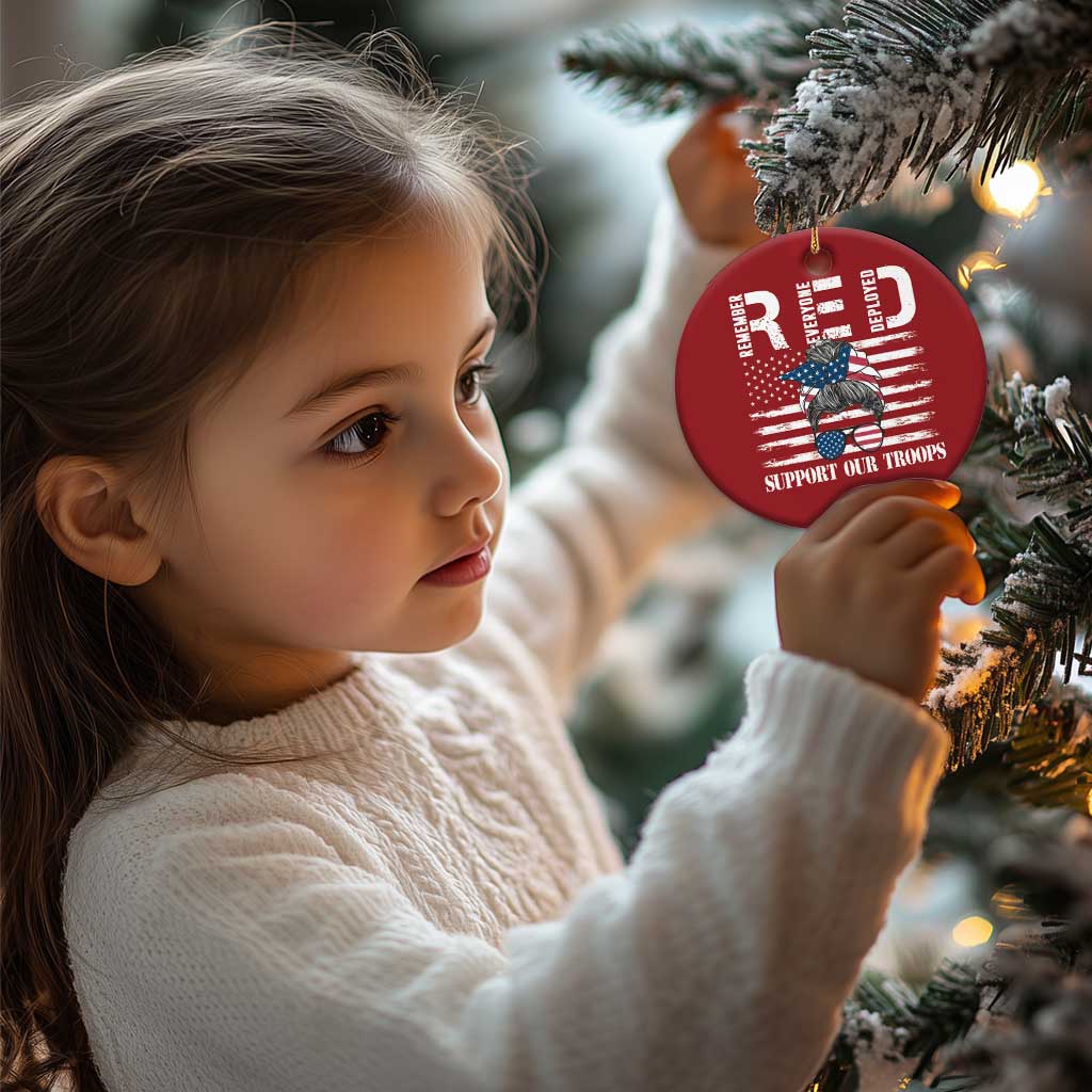 Red Friday Christmas Ornament R.E.D Remember Everyone Deployed American Flag Messy Bun TS02