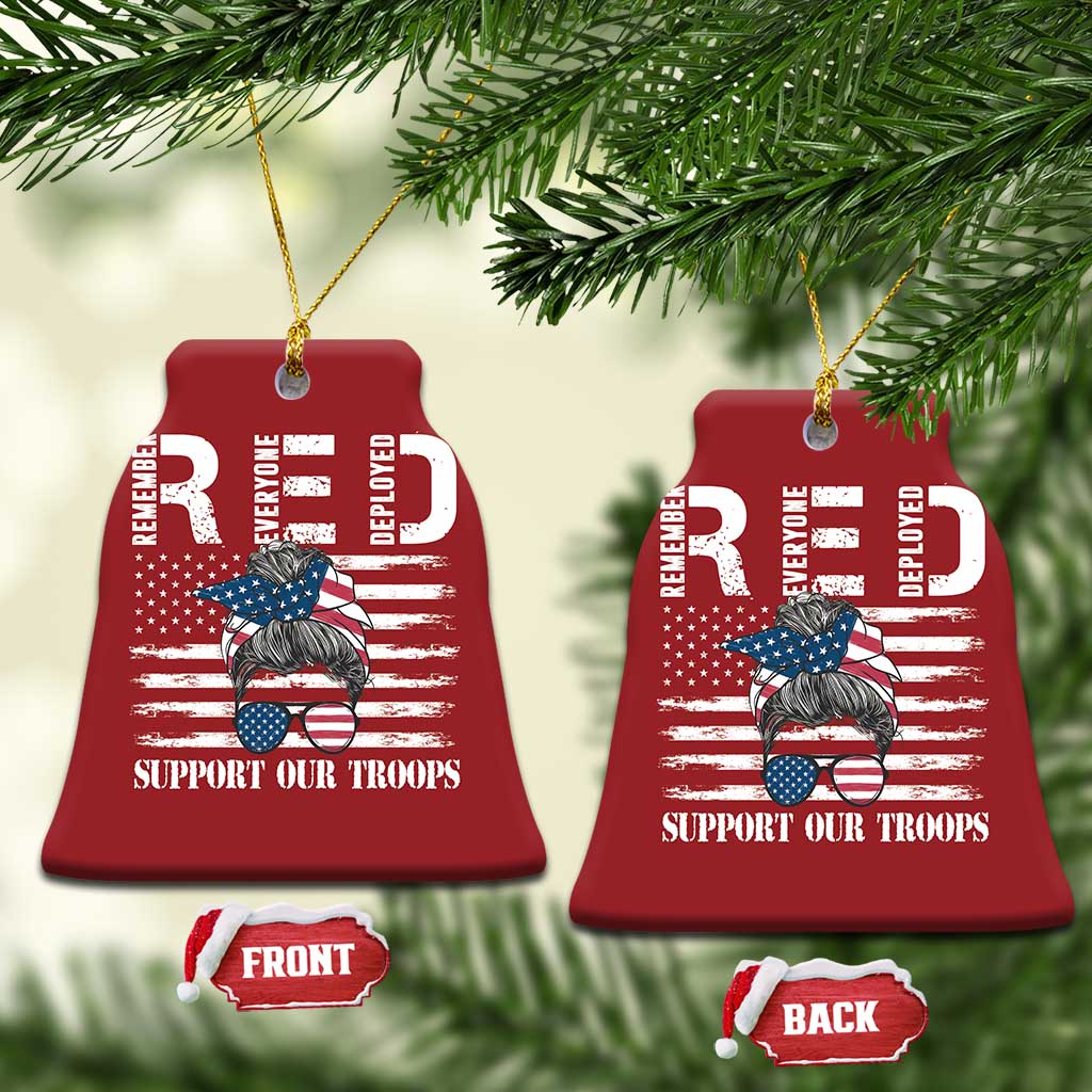 Red Friday Christmas Ornament R.E.D Remember Everyone Deployed American Flag Messy Bun TS02