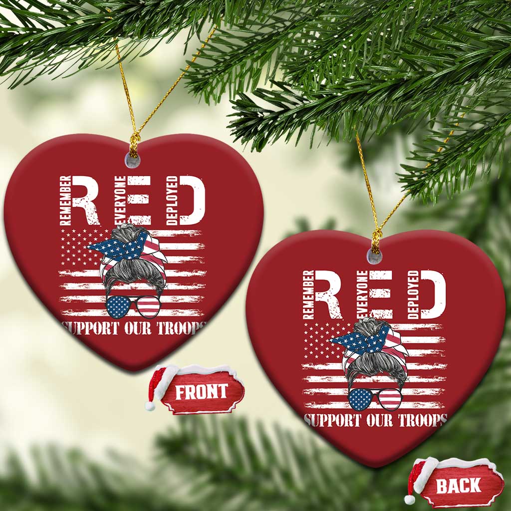 Red Friday Christmas Ornament R.E.D Remember Everyone Deployed American Flag Messy Bun TS02