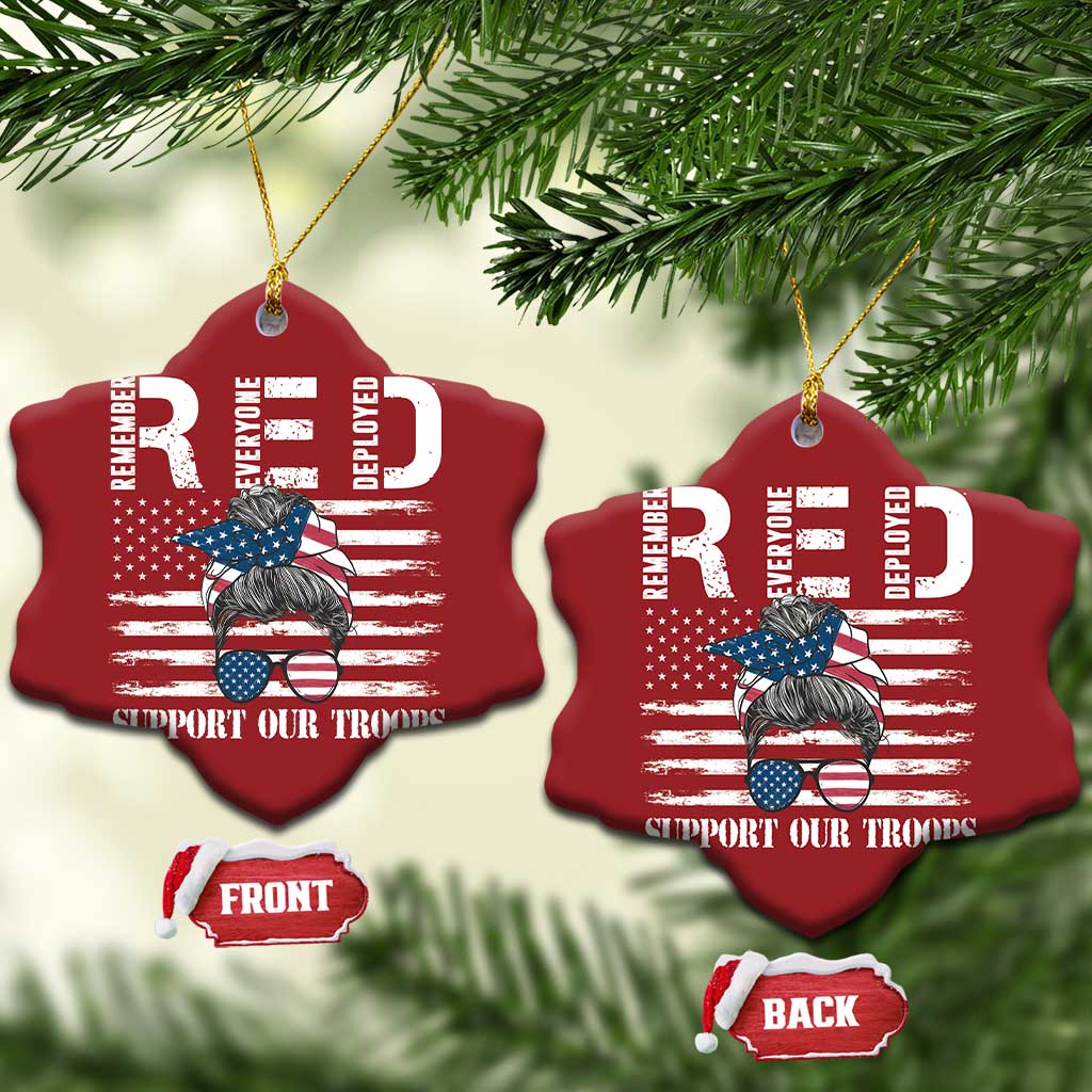 Red Friday Christmas Ornament R.E.D Remember Everyone Deployed American Flag Messy Bun TS02