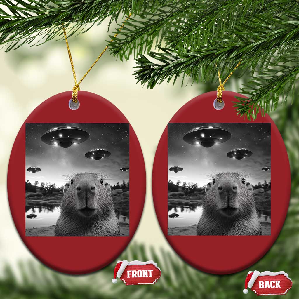Funny Capybara Christmas Ornament Selfie With UFOs Capy Meme Graphic TS02