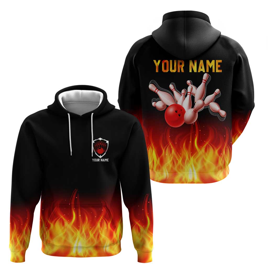 Bowling Ball and Pins Design Hoodie with Flame Background and Custom Team Name Text TS04