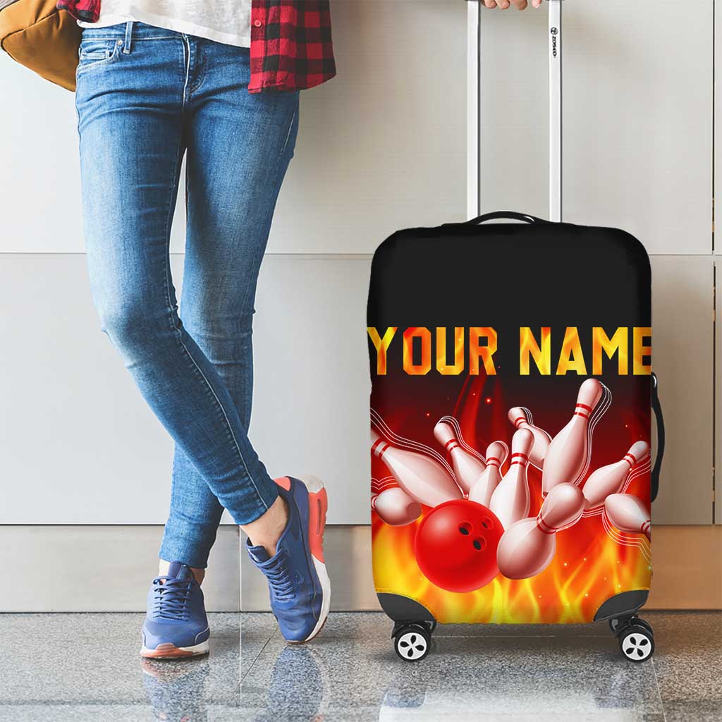 Bowling Ball and Pins Design Luggage Cover with Flame Background and Custom Team Name Text TS04