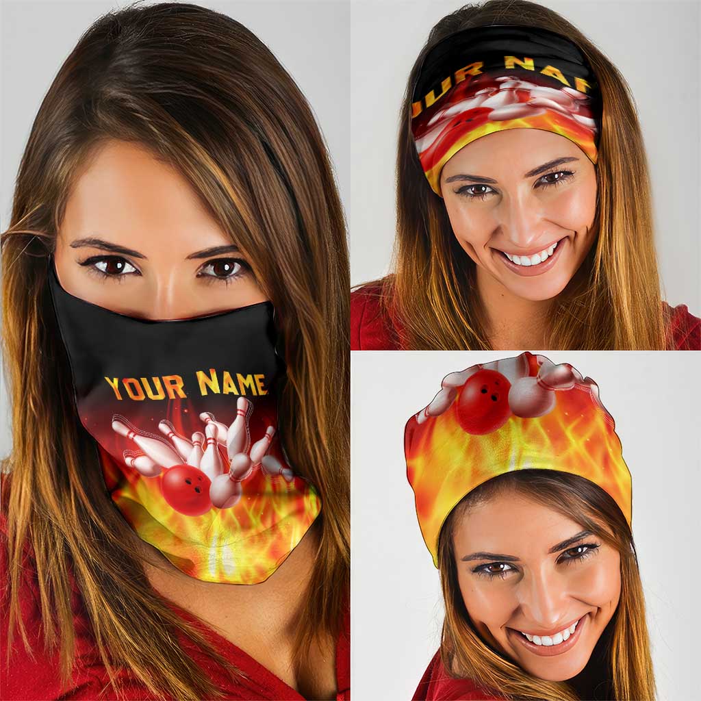 Bowling Ball and Pins Design Neck Gaiter with Flame Background and Custom Team Name Text TS04