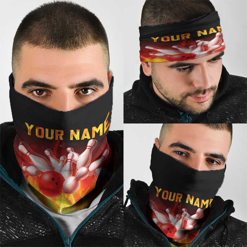 Bowling Ball and Pins Design Neck Gaiter with Flame Background and Custom Team Name Text TS04