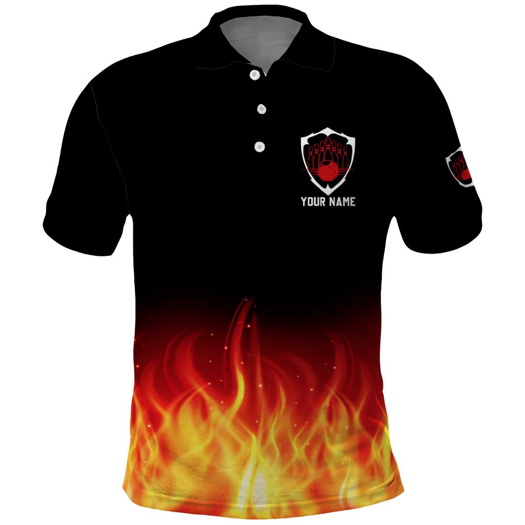 Bowling Ball and Pins Design Polo Shirt with Flame Background and Custom Team Name Text TS04