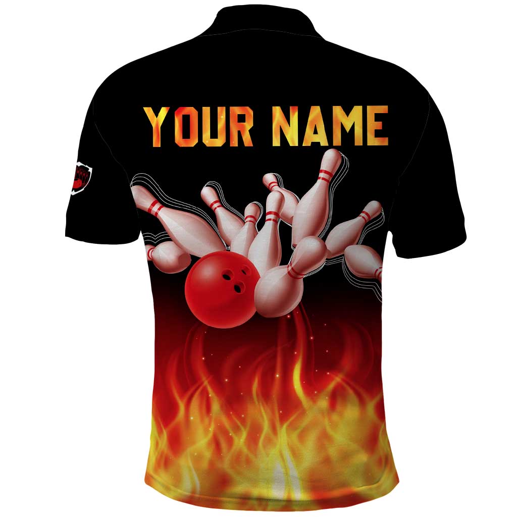 Bowling Ball and Pins Design Polo Shirt with Flame Background and Custom Team Name Text TS04