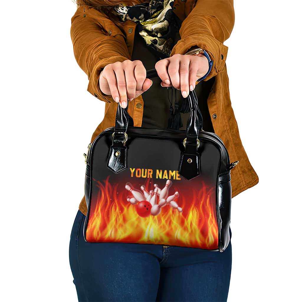 Bowling Ball and Pins Design Shoulder Handbag with Flame Background and Custom Team Name Text TS04