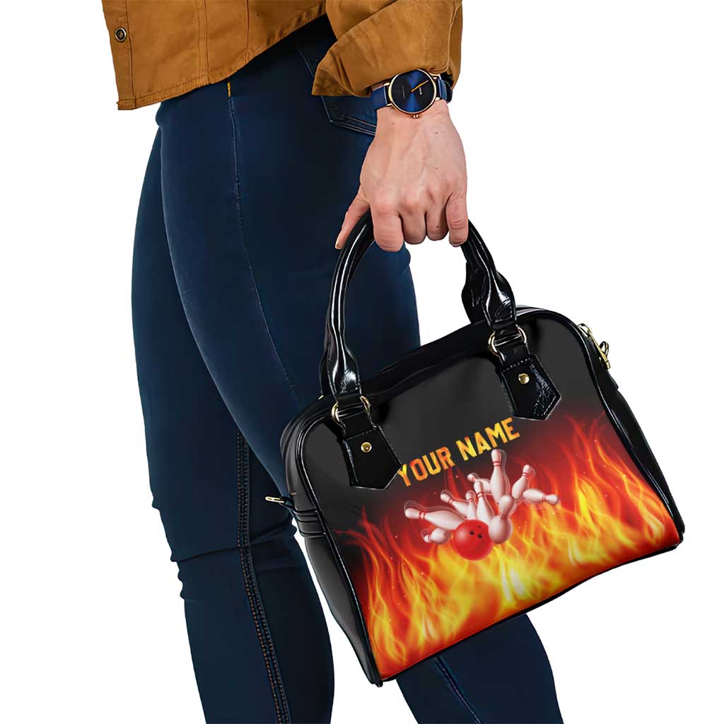 Bowling Ball and Pins Design Shoulder Handbag with Flame Background and Custom Team Name Text TS04
