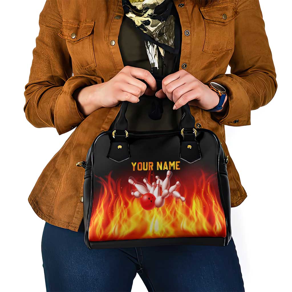 Bowling Ball and Pins Design Shoulder Handbag with Flame Background and Custom Team Name Text TS04