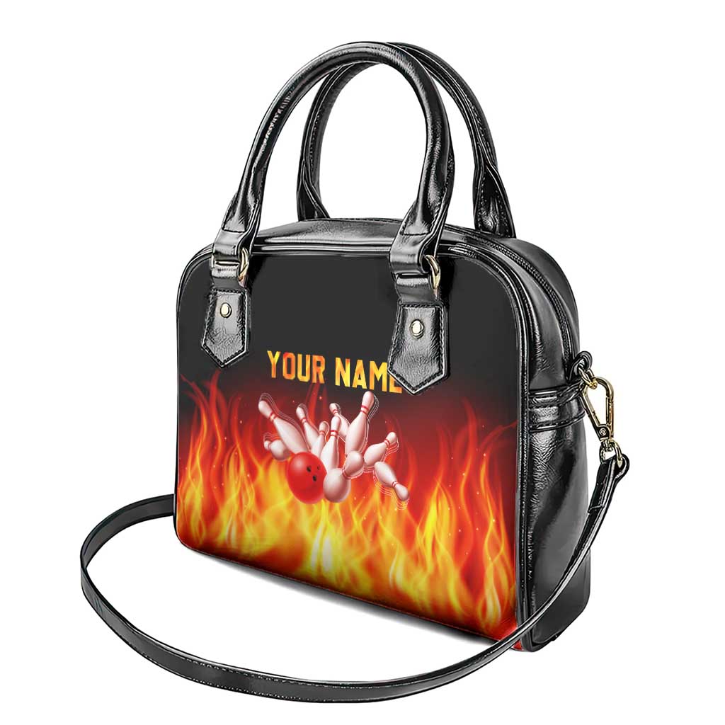 Bowling Ball and Pins Design Shoulder Handbag with Flame Background and Custom Team Name Text TS04