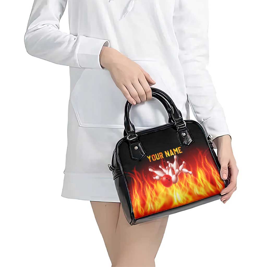 Bowling Ball and Pins Design Shoulder Handbag with Flame Background and Custom Team Name Text TS04