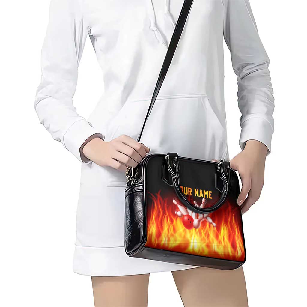 Bowling Ball and Pins Design Shoulder Handbag with Flame Background and Custom Team Name Text TS04