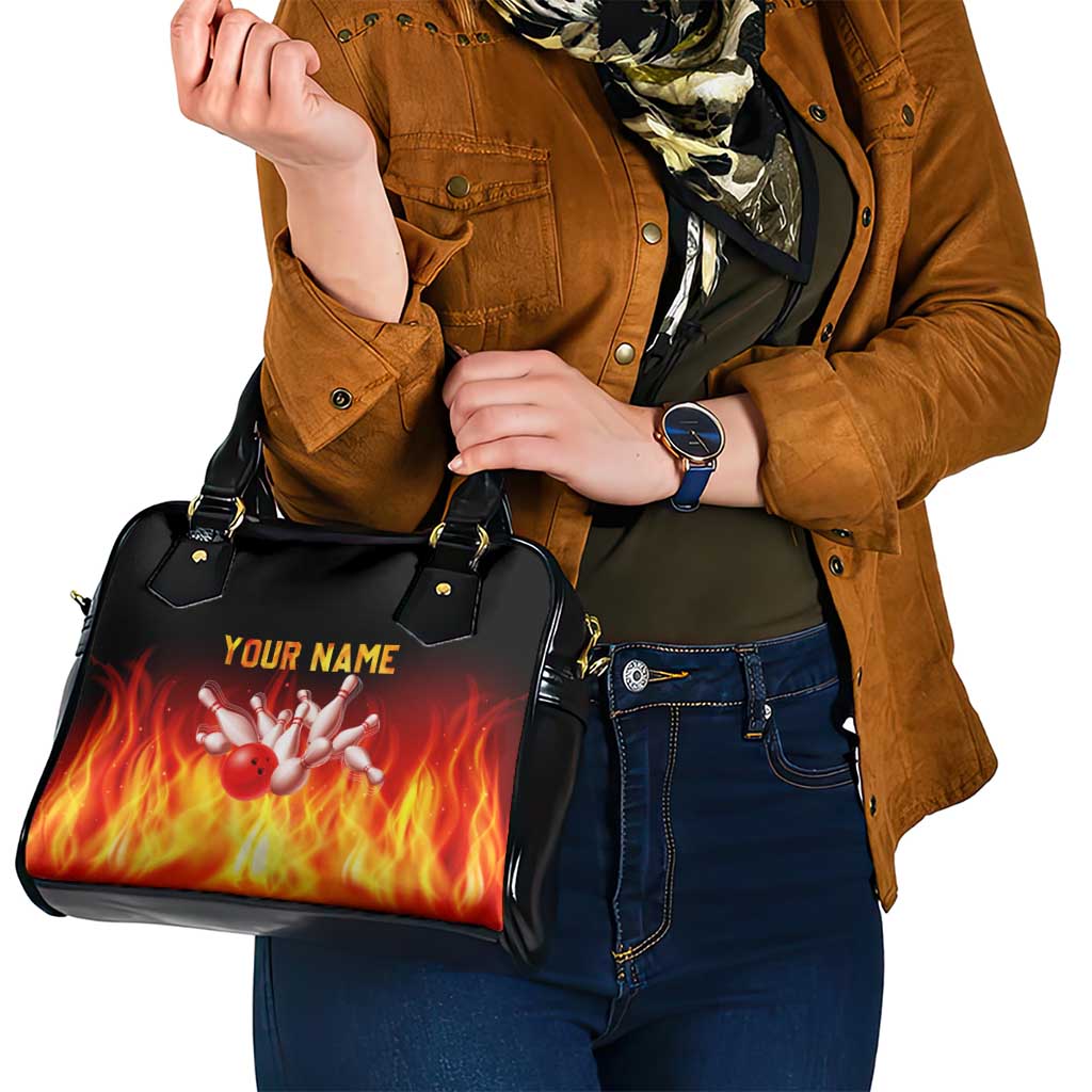 Bowling Ball and Pins Design Shoulder Handbag with Flame Background and Custom Team Name Text TS04