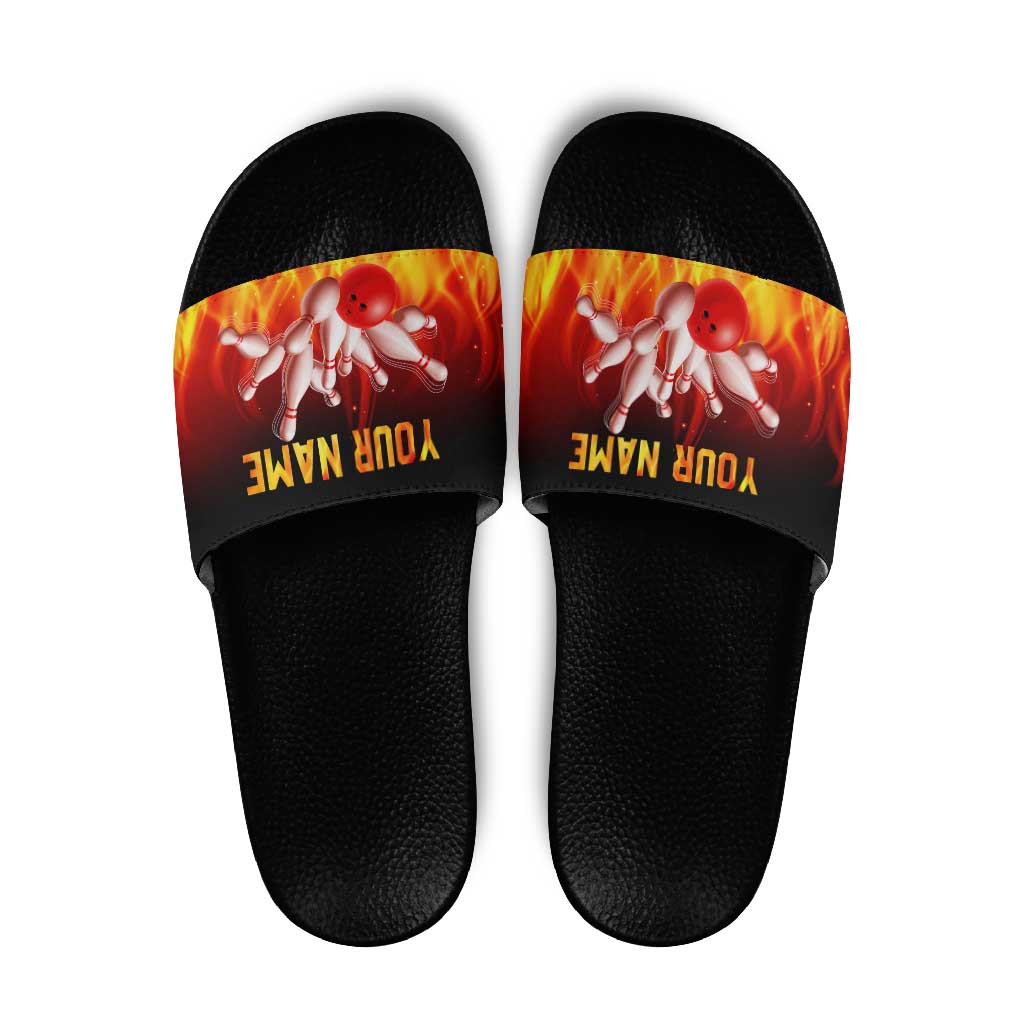 Bowling Ball and Pins Design Slide Sandals with Flame Background and Custom Team Name Text TS04