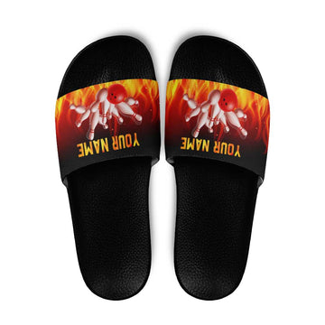 Bowling Ball and Pins Design Slide Sandals with Flame Background and Custom Team Name Text TS04