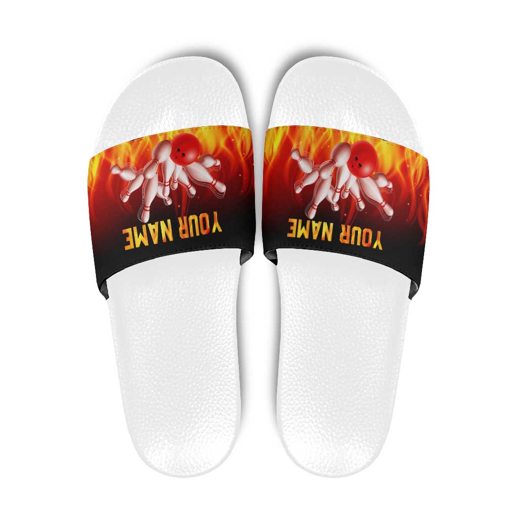 Bowling Ball and Pins Design Slide Sandals with Flame Background and Custom Team Name Text TS04