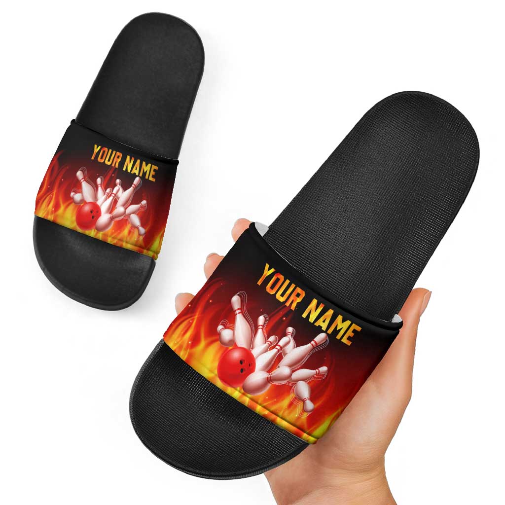 Bowling Ball and Pins Design Slide Sandals with Flame Background and Custom Team Name Text TS04