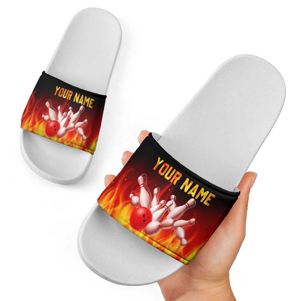 Bowling Ball and Pins Design Slide Sandals with Flame Background and Custom Team Name Text TS04